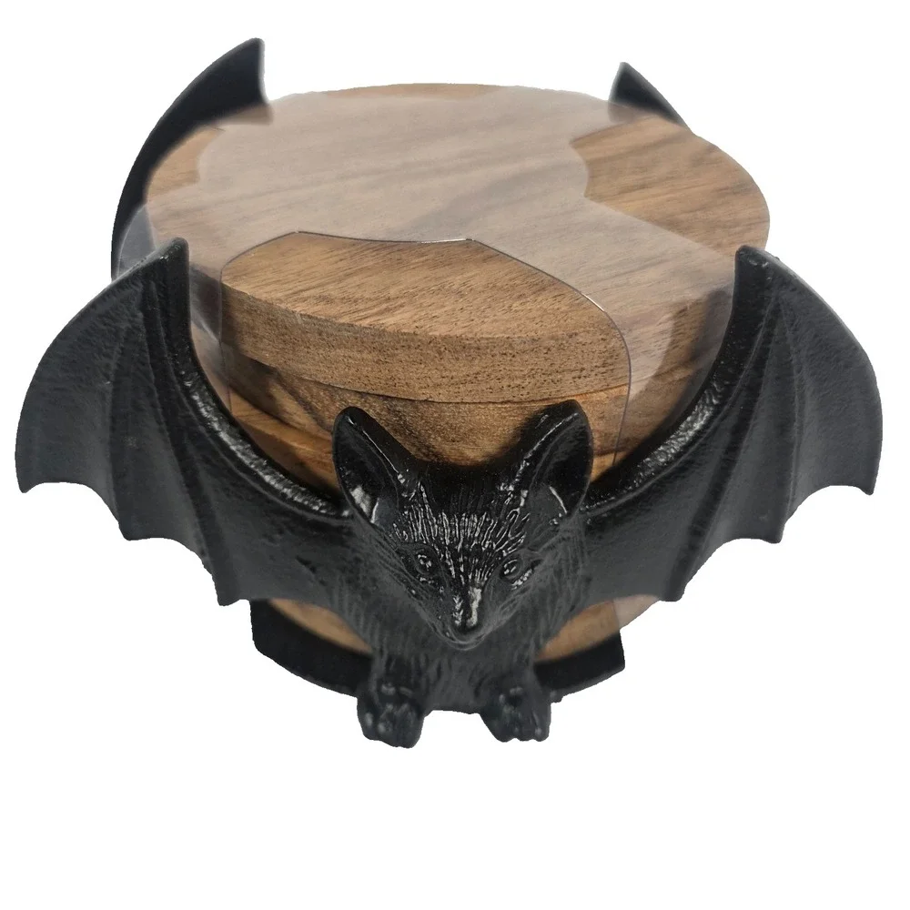 Spooky Hollow Bat Coaster Set Unisex OS Black New Gothic Wood Halloween Decor